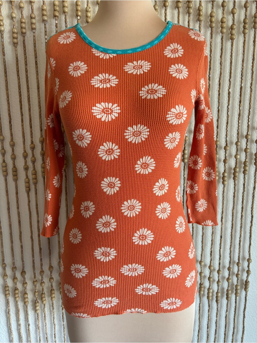 Lucky Orange Boho Retro Daisy Print Waffle Knit Long Sleeve Y2K Whimsy Top